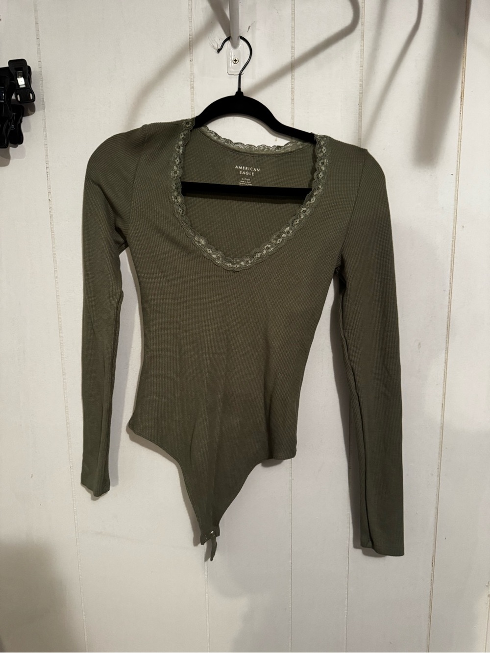 American Eagle Outfitters Olive Lace-Trim Ribbed Long Sleeve Bodysuit